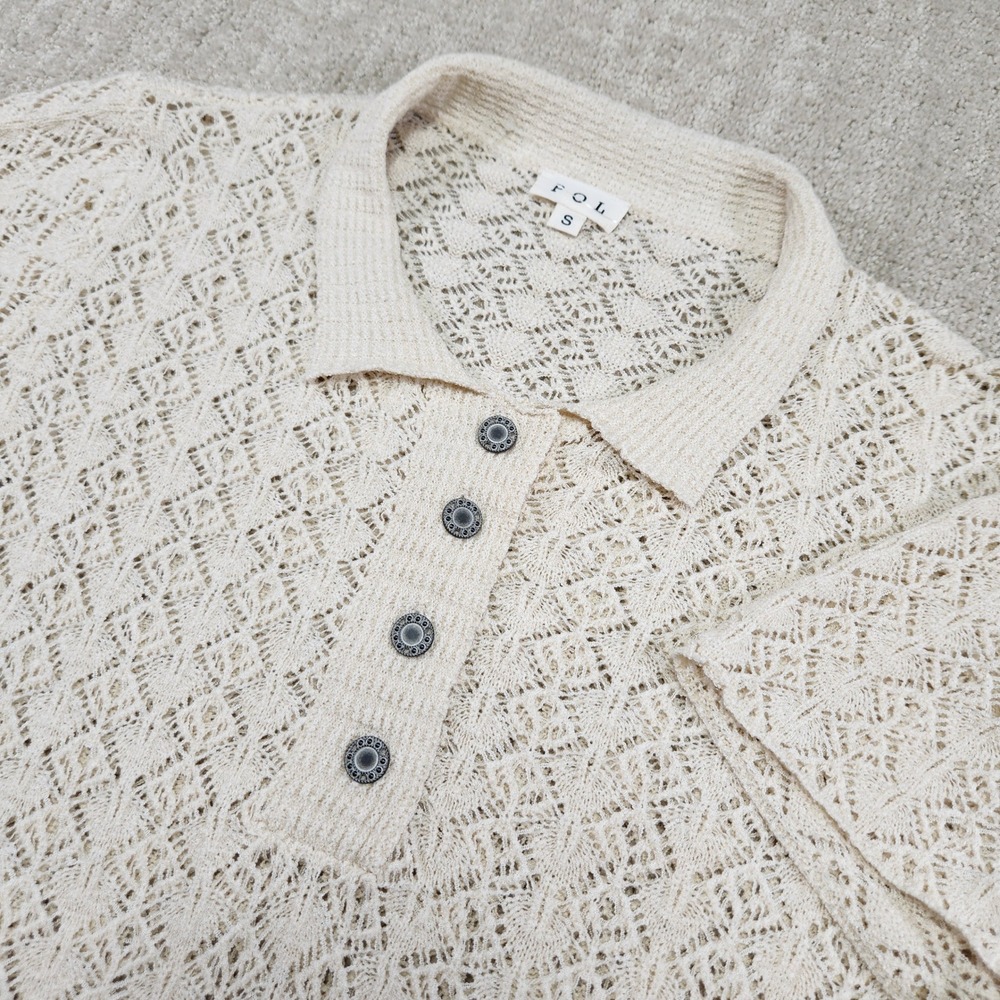 POL Cream Crochet Knit Short Sleeve Polo Top Ivory Open Weave Boho Shirt Small